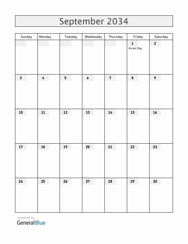 Grenada September 2034 Calendar with Holidays
