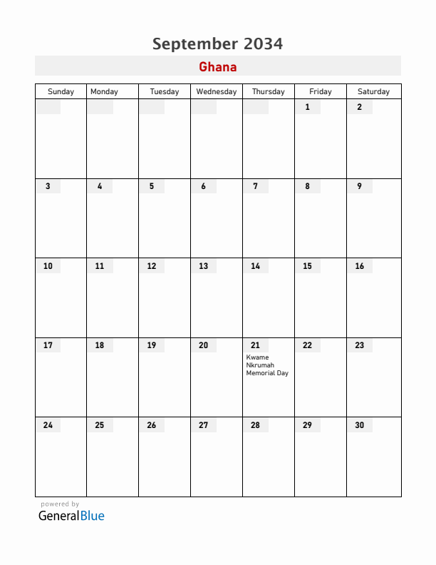 Ghana September 2034 Calendar with Holidays