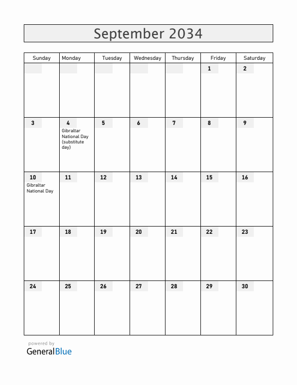 Gibraltar September 2034 Calendar with Holidays