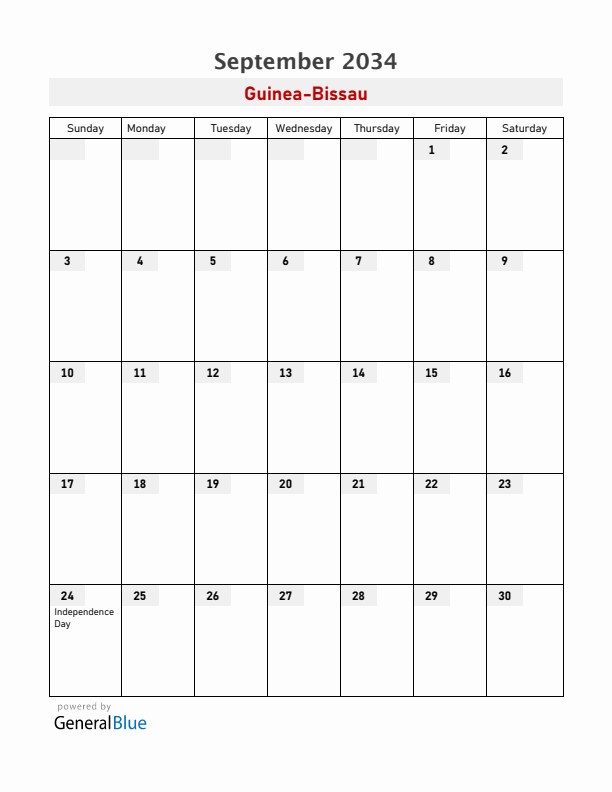 Guinea-Bissau September 2034 Calendar with Holidays