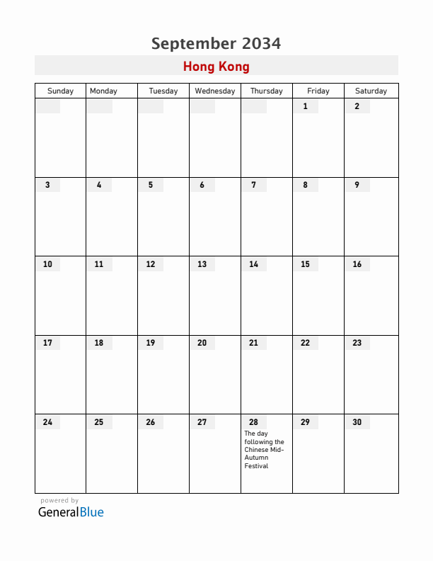 Hong Kong September 2034 Calendar with Holidays