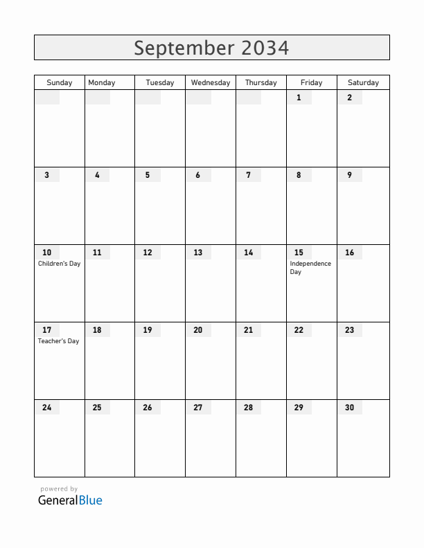 Honduras September 2034 Calendar with Holidays