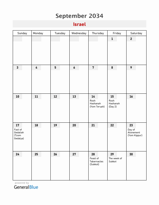 Israel September 2034 Calendar with Holidays