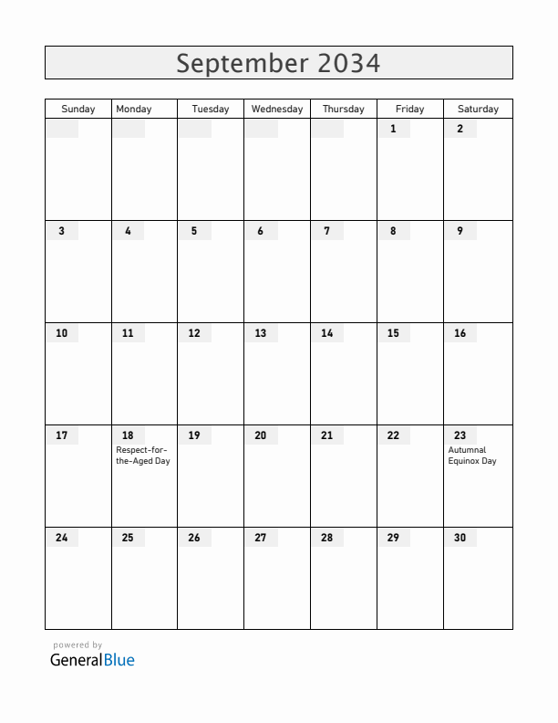 Japan September 2034 Calendar with Holidays