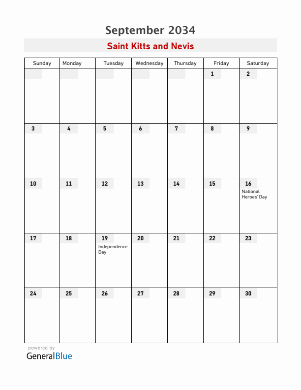 Saint Kitts and Nevis September 2034 Calendar with Holidays
