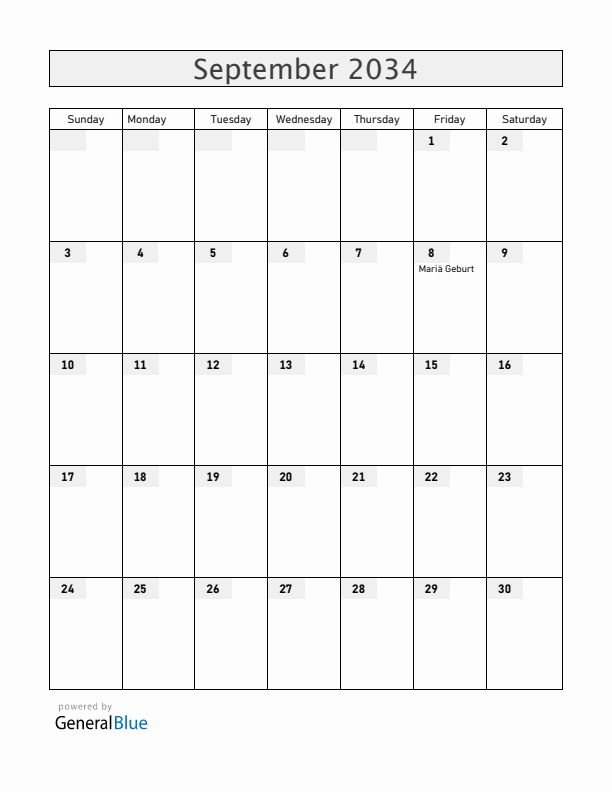 Liechtenstein September 2034 Calendar with Holidays