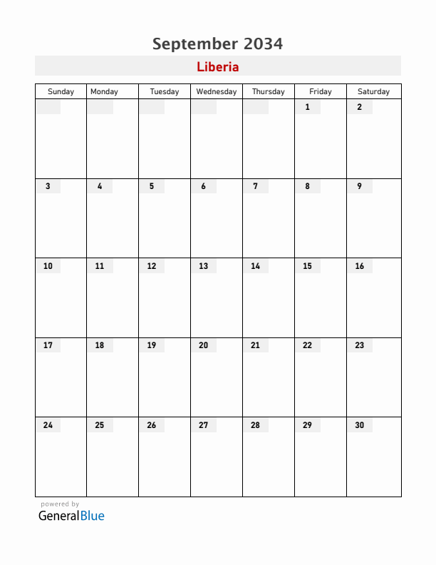 Liberia September 2034 Calendar with Holidays