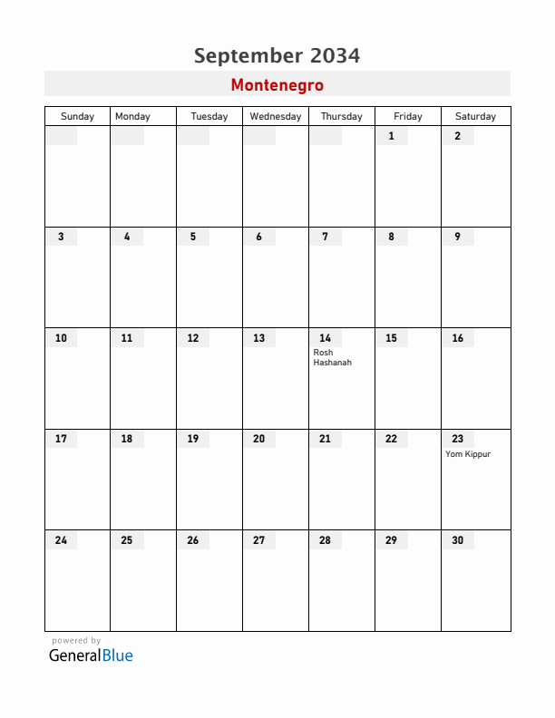 Montenegro September 2034 Calendar with Holidays