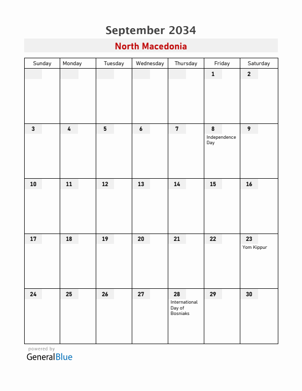 North Macedonia September 2034 Calendar with Holidays
