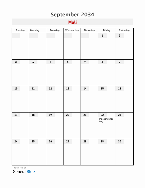 Mali September 2034 Calendar with Holidays