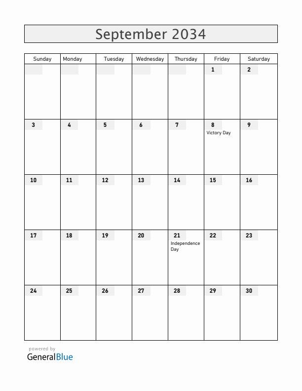 Malta September 2034 Calendar with Holidays
