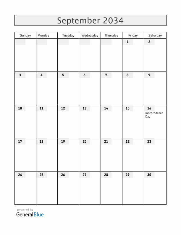 Mexico September 2034 Calendar with Holidays
