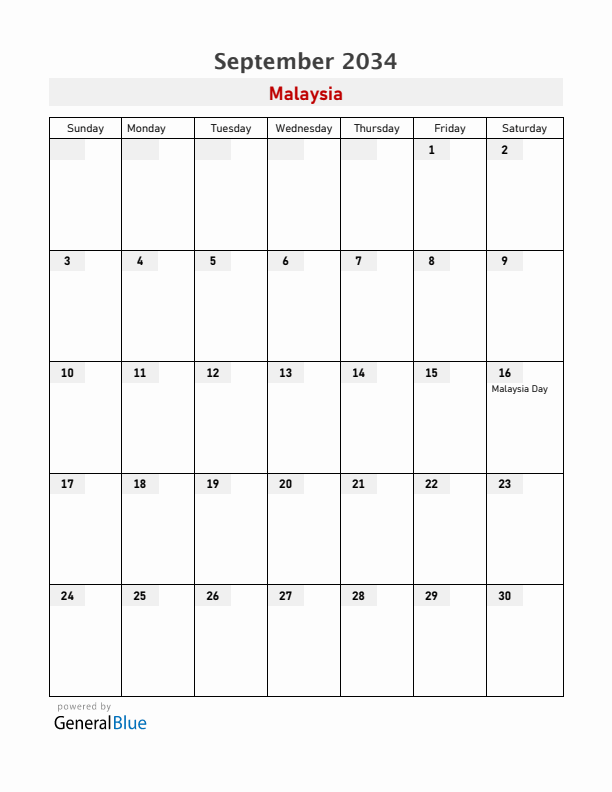 Malaysia September 2034 Calendar with Holidays
