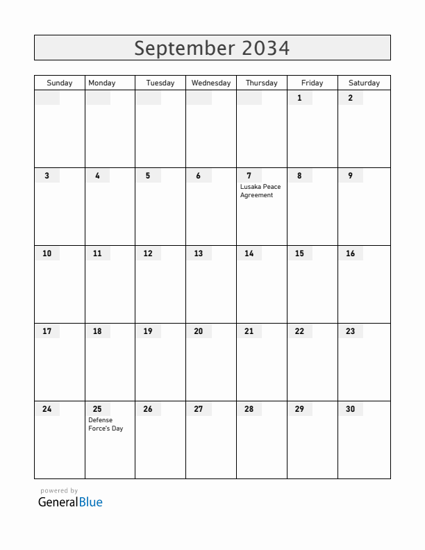 Mozambique September 2034 Calendar with Holidays