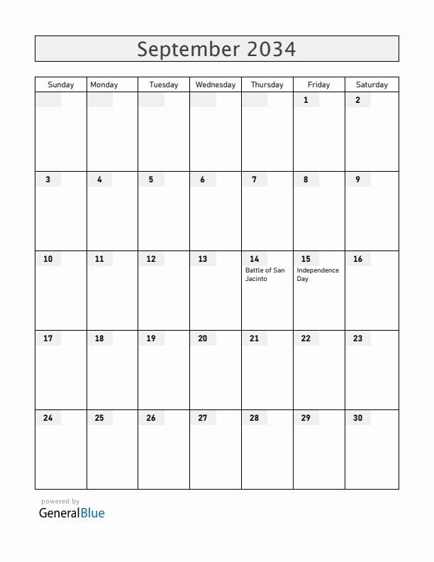 Nicaragua September 2034 Calendar with Holidays
