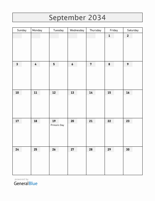 The Netherlands September 2034 Calendar with Holidays