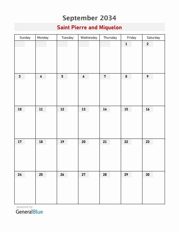 Saint Pierre and Miquelon September 2034 Calendar with Holidays