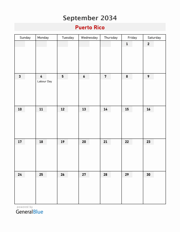 Puerto Rico September 2034 Calendar with Holidays