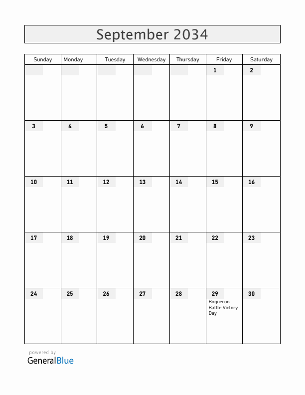 Paraguay September 2034 Calendar with Holidays