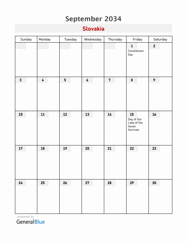 Slovakia September 2034 Calendar with Holidays