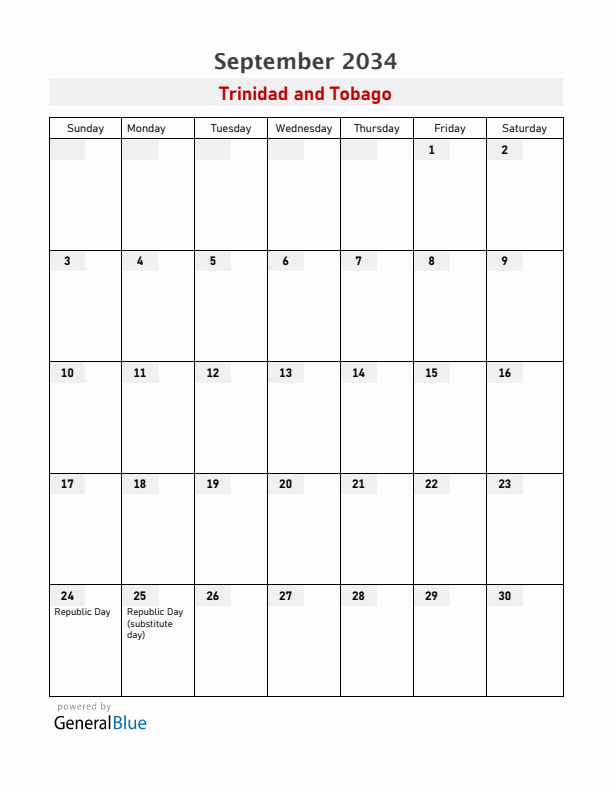 Trinidad and Tobago September 2034 Calendar with Holidays