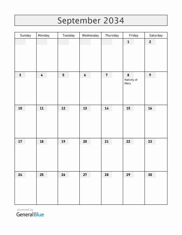 Vatican September 2034 Calendar with Holidays