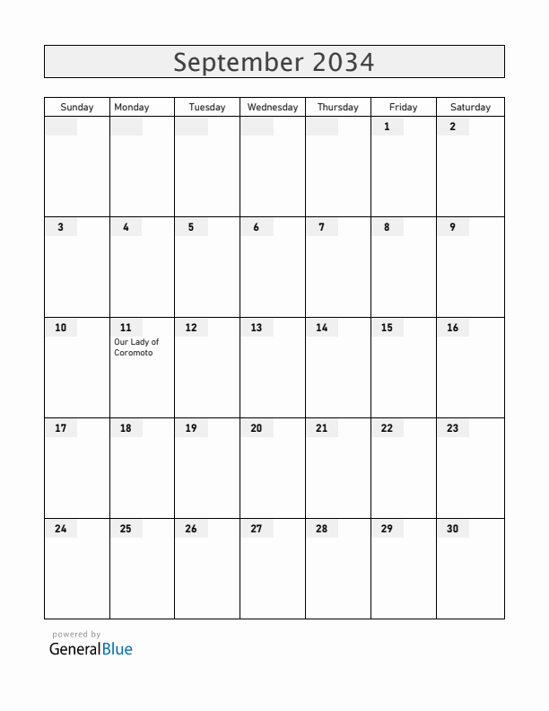 Venezuela September 2034 Calendar with Holidays