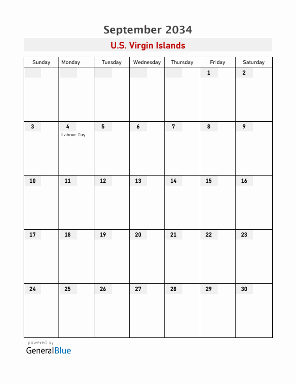 U.S. Virgin Islands September 2034 Calendar with Holidays