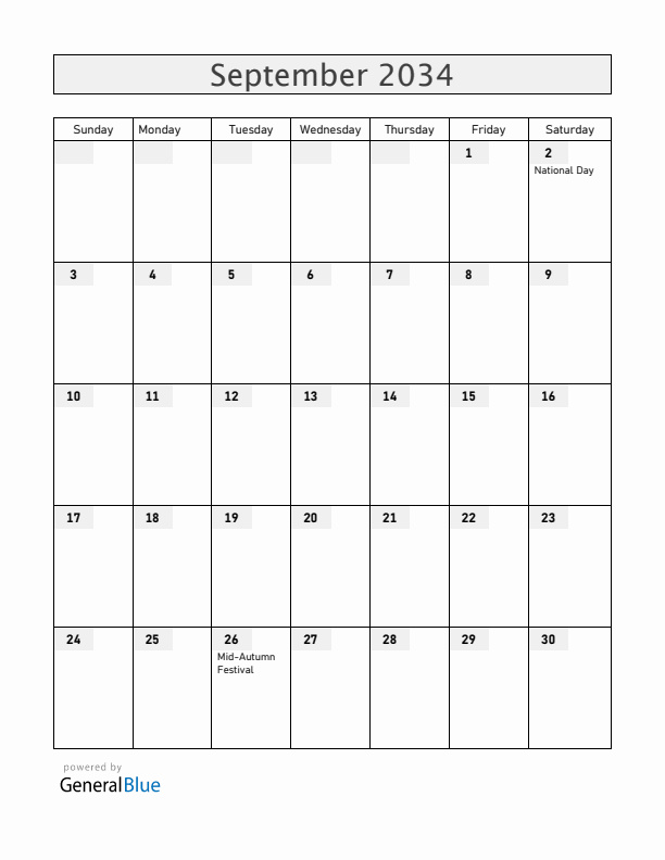 Vietnam September 2034 Calendar with Holidays