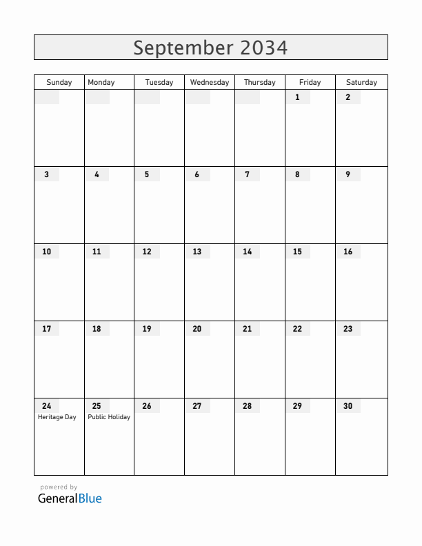 South Africa September 2034 Calendar with Holidays
