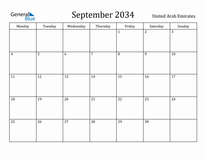 September 2034 Calendar United Arab Emirates