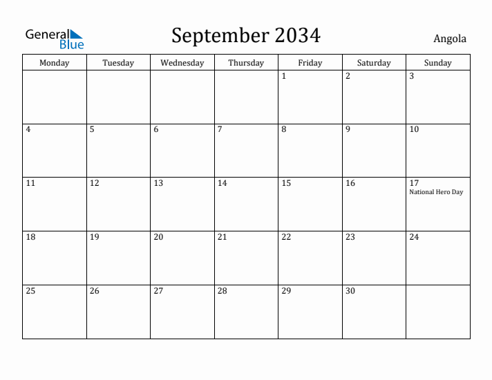 September 2034 Calendar Angola