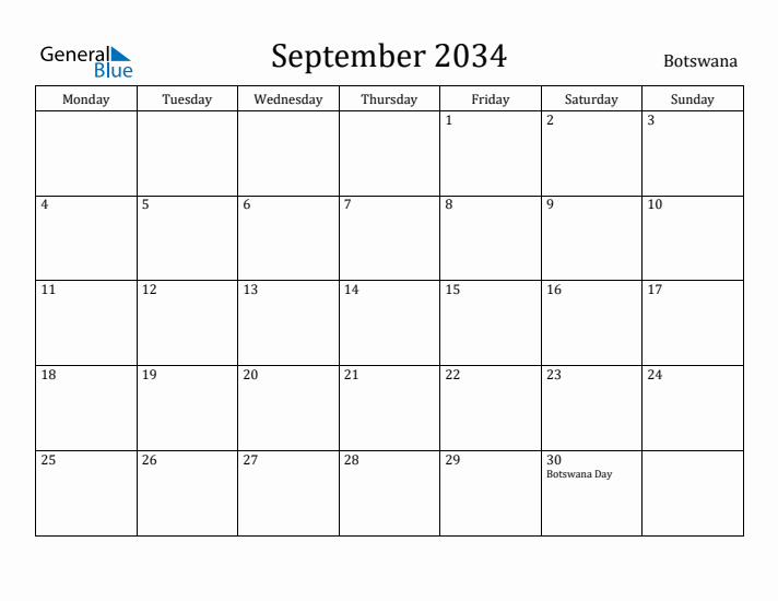 September 2034 Calendar Botswana