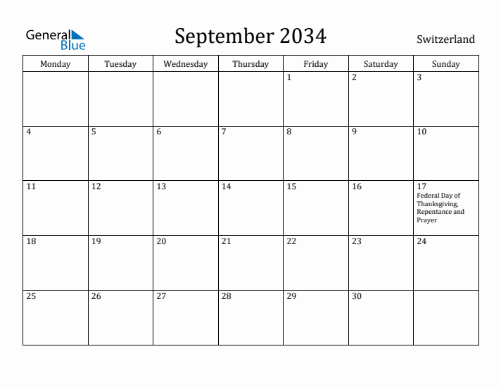 September 2034 Calendar Switzerland