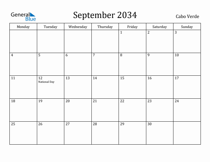 September 2034 Calendar Cabo Verde
