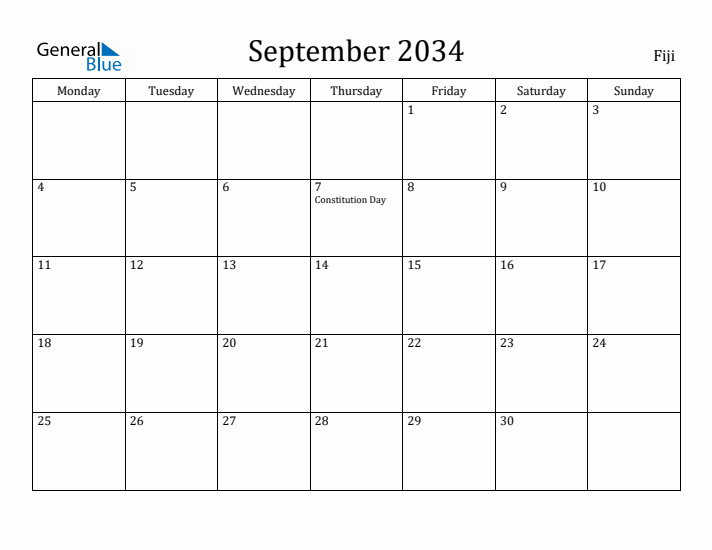 September 2034 Calendar Fiji