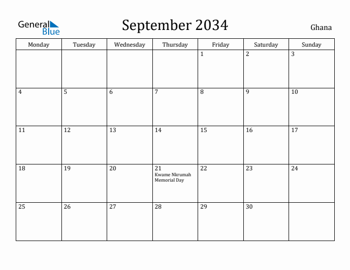 September 2034 Calendar Ghana
