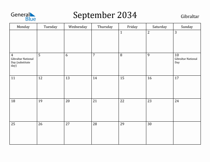 September 2034 Calendar Gibraltar