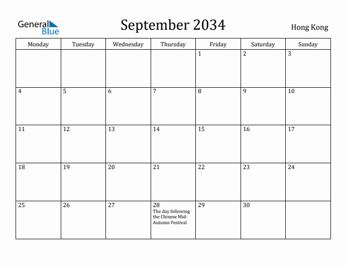 September 2034 Calendar Hong Kong