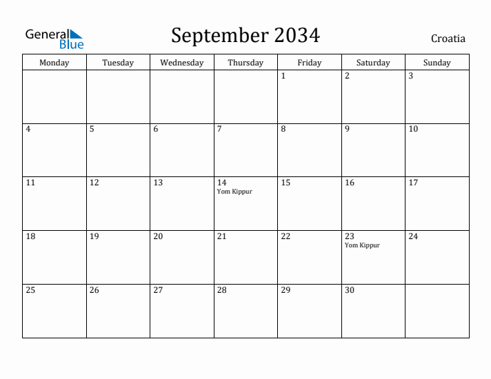 September 2034 Calendar Croatia