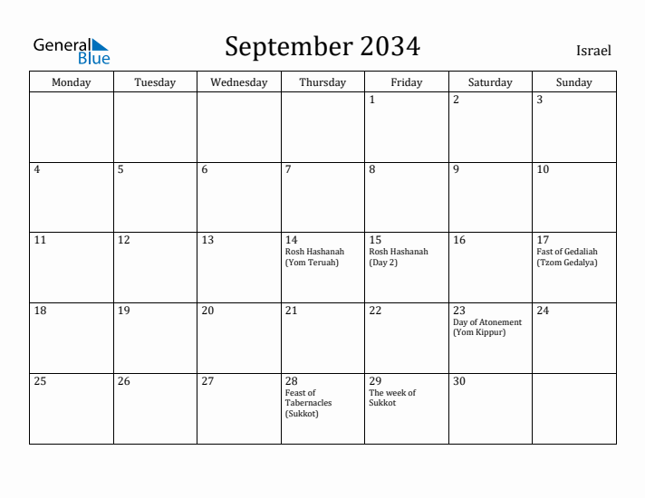 September 2034 Calendar Israel