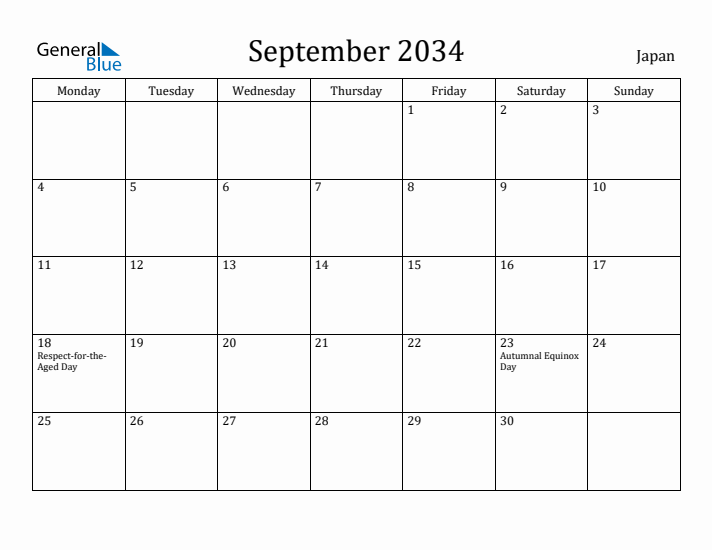 September 2034 Calendar Japan