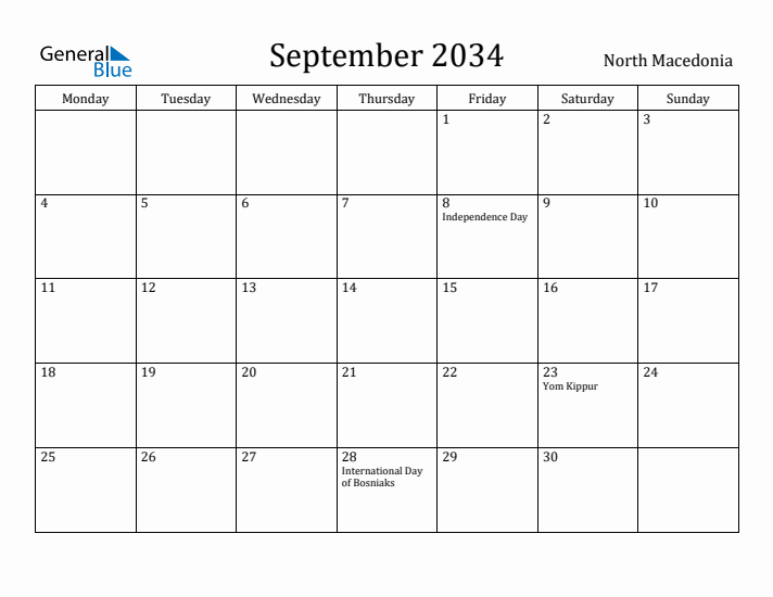 September 2034 Calendar North Macedonia