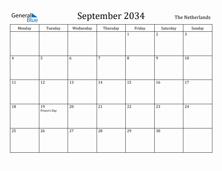 September 2034 Calendar The Netherlands