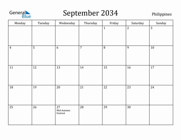September 2034 Calendar Philippines