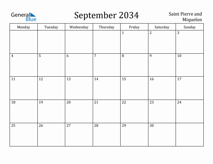 September 2034 Calendar Saint Pierre and Miquelon