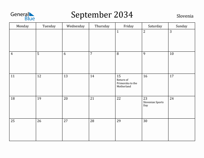 September 2034 Calendar Slovenia