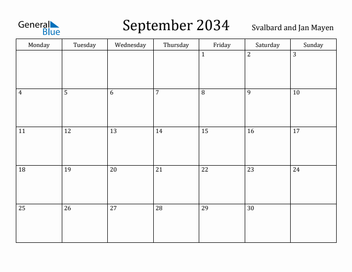 September 2034 Calendar Svalbard and Jan Mayen