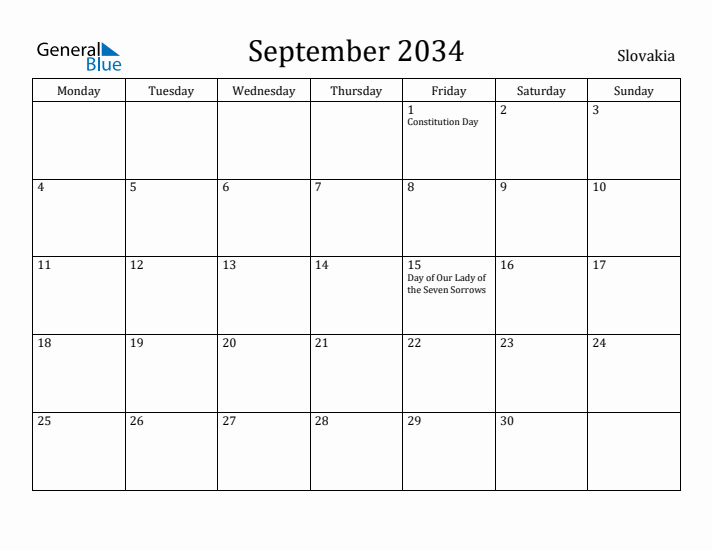 September 2034 Calendar Slovakia
