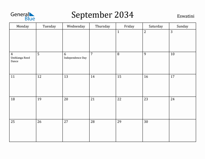 September 2034 Calendar Eswatini